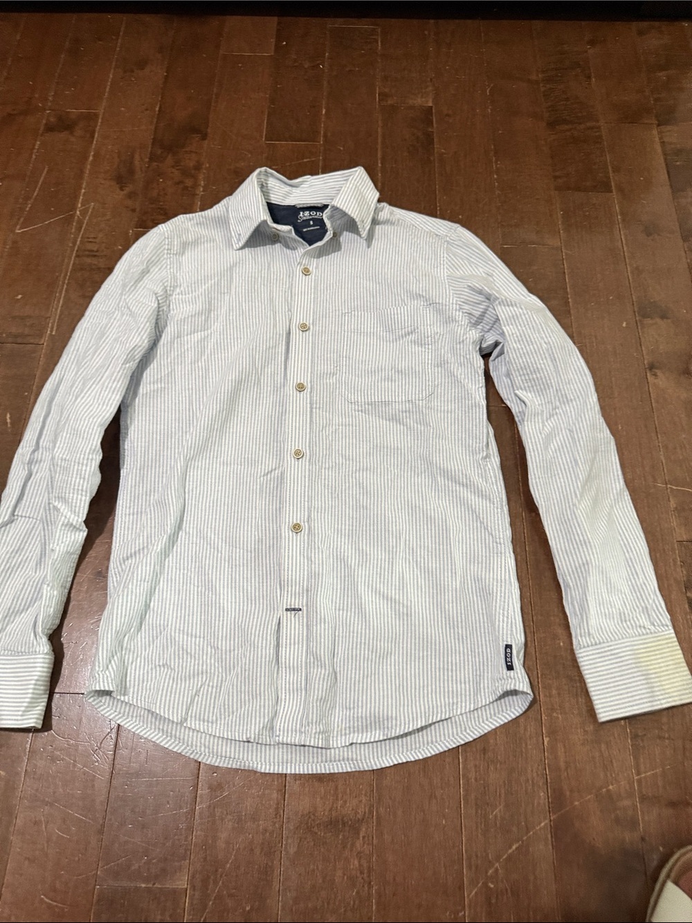 Izod Men's Light Blue and White Pinstripe Dress Shirt